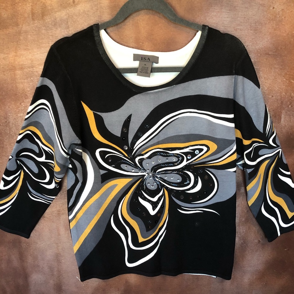 Grey black and yellow top with sequins